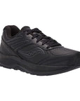 Black leather lace up sneaker with Saucony logo on side