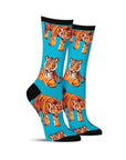 Bright blue socks with tiger print.