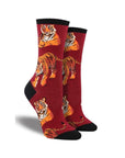 Red socks with tiger print.