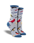 Light blue socks with colorful bird species with dark blue cuff, toe and heel cap.