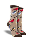Brown socks with colorful bird species with dark brown cuff, toe and heel cap.