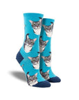 Bright blue socks with cat face prints, and "boop" wording beside cat's nose.