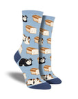 Women's Socksmith Cat Loaf cotton crew socks in light blue with cute cat and bread loaf print, perfect for pet lovers and cozy lounging.