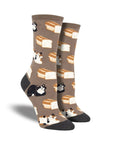 Women's Socksmith Cat Loaf cotton crew socks in brown featuring playful cat and bread loaf design, ideal for casual wear and cat enthusiasts.