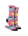 Pink socks with cats sitting in tea cups.