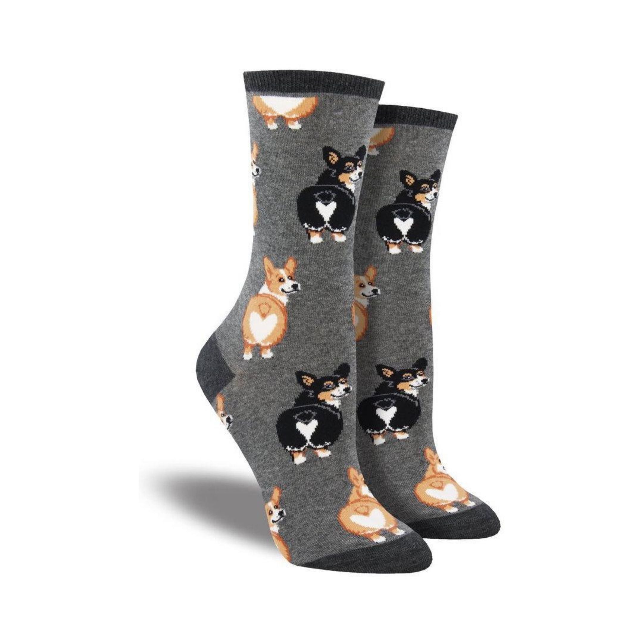 Grey socks with beige and black corgi dog butts