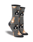 Grey socks with beige and black corgi dog butts