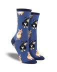 Blue socks with beige and black corgi dog butts