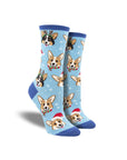 Women's Socksmith Pawlidays Socks in blue featuring festive Corgi dog faces with Santa hats and antlers. Fun cotton crew socks for holiday gifting.