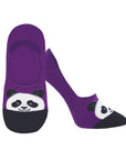 Women's No Show Socks in purple with panda face design and black toe.