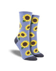 Women's Socksmith More Blooming cotton crew socks in blue with vibrant sunflower floral print, perfect for cheerful everyday wear.