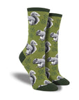 Green socks with squirrels and maple leaves.