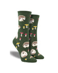Green socks with hedge hogs and mushrooms on them