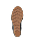 Outsole of Women's Sorel Evie II NW Lace Wedge Bootie featuring grippy rubber tread for traction and Sorel branding at the center.