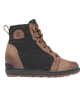Side view of Women's Sorel Evie II NW Lace Wedge Bootie showcasing quilted black fabric, brown leather trim, and durable rubber wedge sole.
