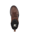 Top view of Women's Sorel Evie II NW Lace Wedge Bootie highlighting padded collar, lace-up design, and Sorel logo on insole.