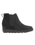 Black leather wedge ankle Chelsea boot with heel pull tab.