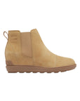 Tan leather wedge ankle Chelsea boot with heel pull tab.