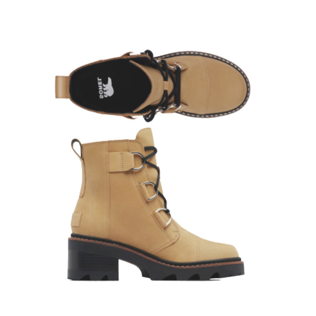Top and side views of the Sorel Joan Now Lace Waterproof Boot for women, showcasing full-grain leather and rugged sole design.