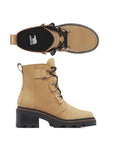 Top and side views of the Sorel Joan Now Lace Waterproof Boot for women, showcasing full-grain leather and rugged sole design.