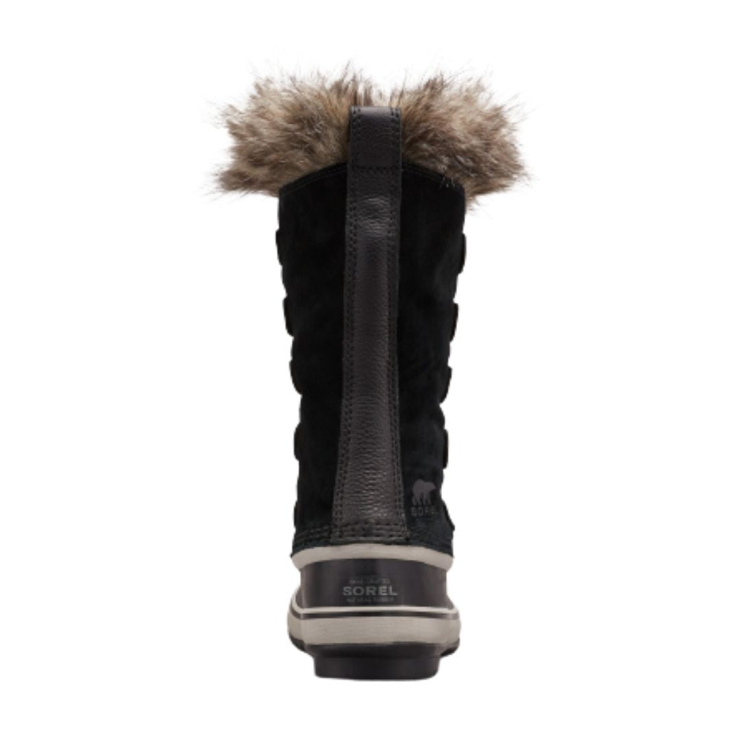 Tall winter black leather Sorel lace up boot with rubber foot and faux fur trim.