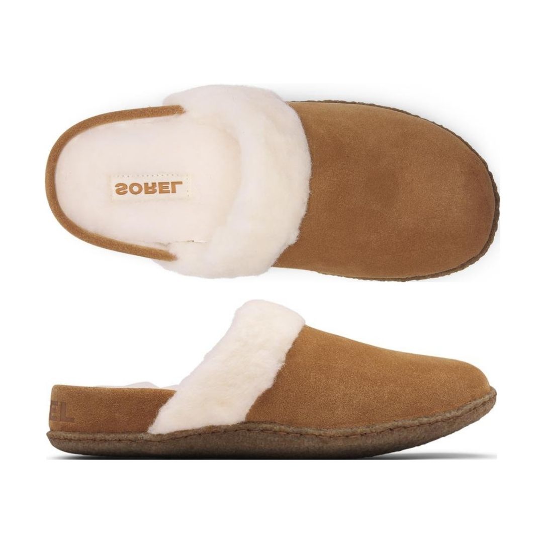 Top and side view of Women's Sorel Nakiska Slide II Slippers showcasing suede upper, plush faux fur collar, and removable insole.