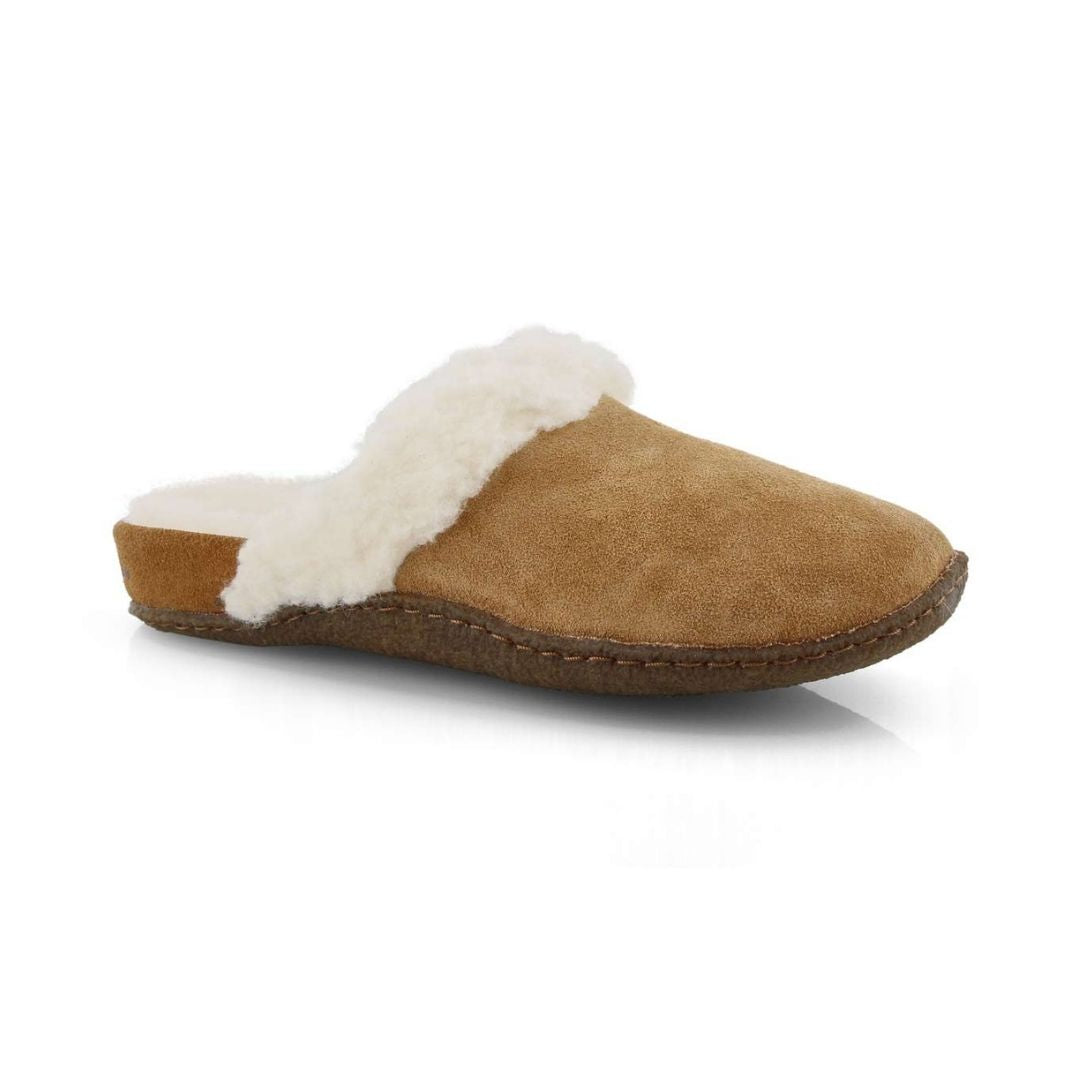 Women's Sorel Nakiska Slide II Slippers in tan suede with faux fur lining and rubber outsole, ideal for indoor comfort and support.