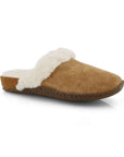 Women's Sorel Nakiska Slide II Slippers in tan suede with faux fur lining and rubber outsole, ideal for indoor comfort and support.