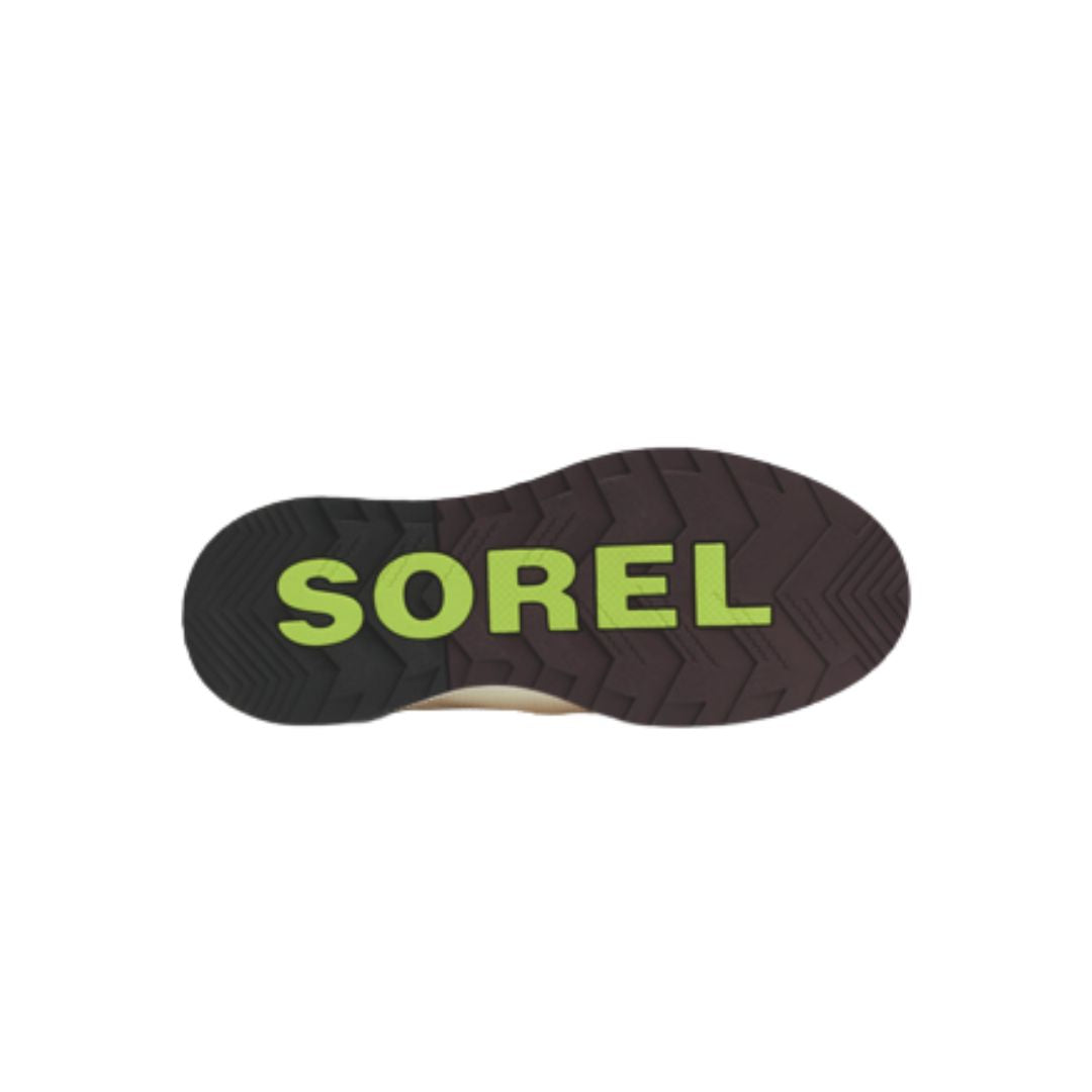 Black rubber outsole with neon green Sorel logo in center.