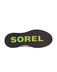 Black rubber outsole with neon green Sorel logo in center.