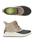 Top and side view of taupe suede leather ankle boot with laces and black rubber outsole. Lime green insole with white Sorel logo at heel.