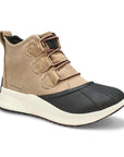 Taupe suede leather ankle boot with laces and black rubber outsole.