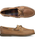 Top and side view of brown leather oat shoe with leather laces and contrasting stitching.