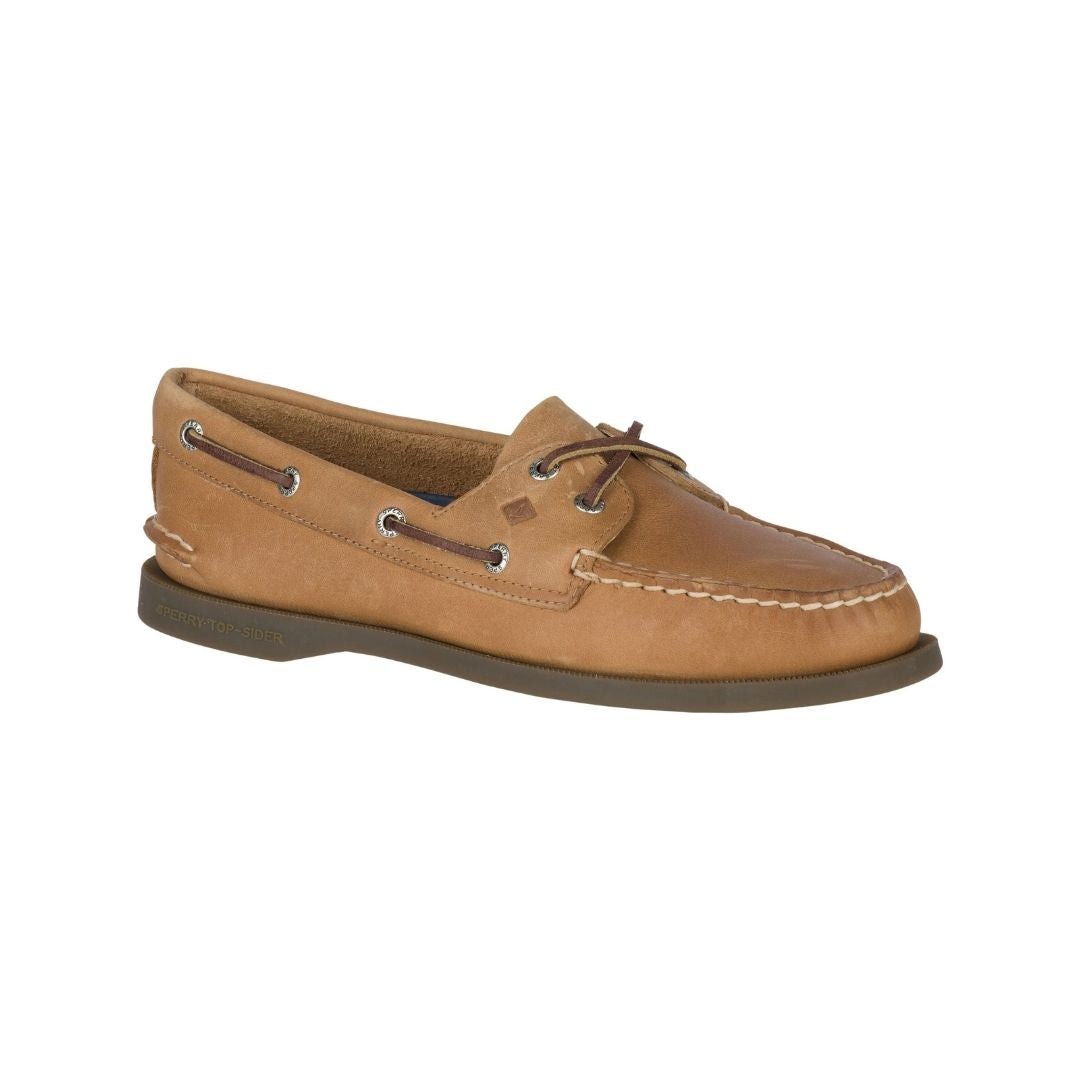 Brown leather oat shoe with leather laces and contrasting stitching.