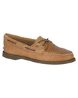 Brown leather oat shoe with leather laces and contrasting stitching.