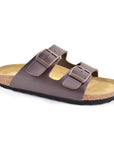 Two Strap Sandal in brown with buckle straps, cork Viking Sandals logo'd footbed and black outsole.