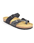 Women's Viking Tofino Toe-Loop Sandal in black with dotted straps and suede liner. Features eco-friendly cork sole and arch support.