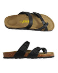Women's Viking Tofino Toe-Loop Sandal in black shown from top and side views. Features cork footbed and supportive toe-loop design.