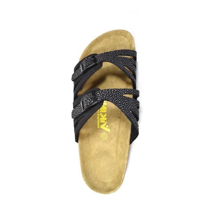 Top view of black with studs slide sandal with two buckled straps. Yellow Viking logo on center of footbed.