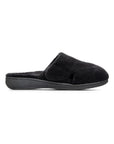 Profile of black fuzzy mule slip on slipper with black outsole.