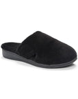 Black fuzzy mule slip on slipper with black outsole.