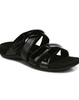Black leather and patenet slip-on sandal made by Vionic.