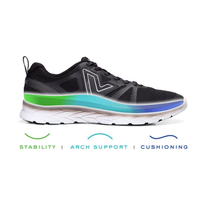 Diagram of black lace up sneaker showing it's stability, arch support and cushioning features.