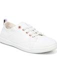 Women's Vionic Pismo Slip-On Supportive Shoes in white with rose gold eyelets, sustainable vegan sneaker with arch support and washable design.