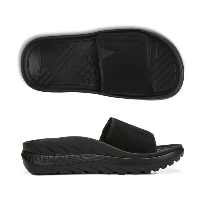 Top and side view of Vionic Rejuvenate Recovery Slide Sandal showcasing ergonomic design and durable tread for enhanced comfort and grip.