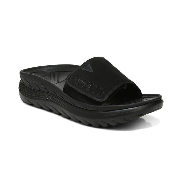 Vionic Rejuvenate Recovery Slide Sandal in black for women, featuring a contoured footbed and thick cushioned sole for ultimate support.
