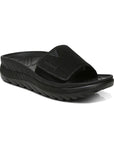 Vionic Rejuvenate Recovery Slide Sandal in black for women, featuring a contoured footbed and thick cushioned sole for ultimate support.