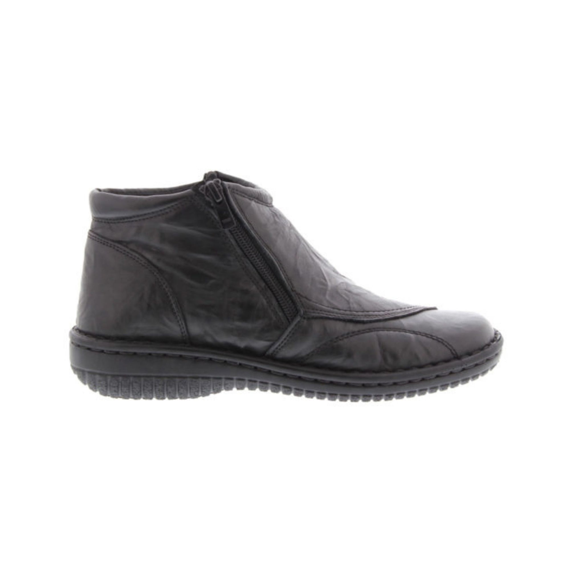 Side of Black ankle boot with soft textured upper and side zipper.