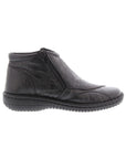 Side of Black ankle boot with soft textured upper and side zipper.