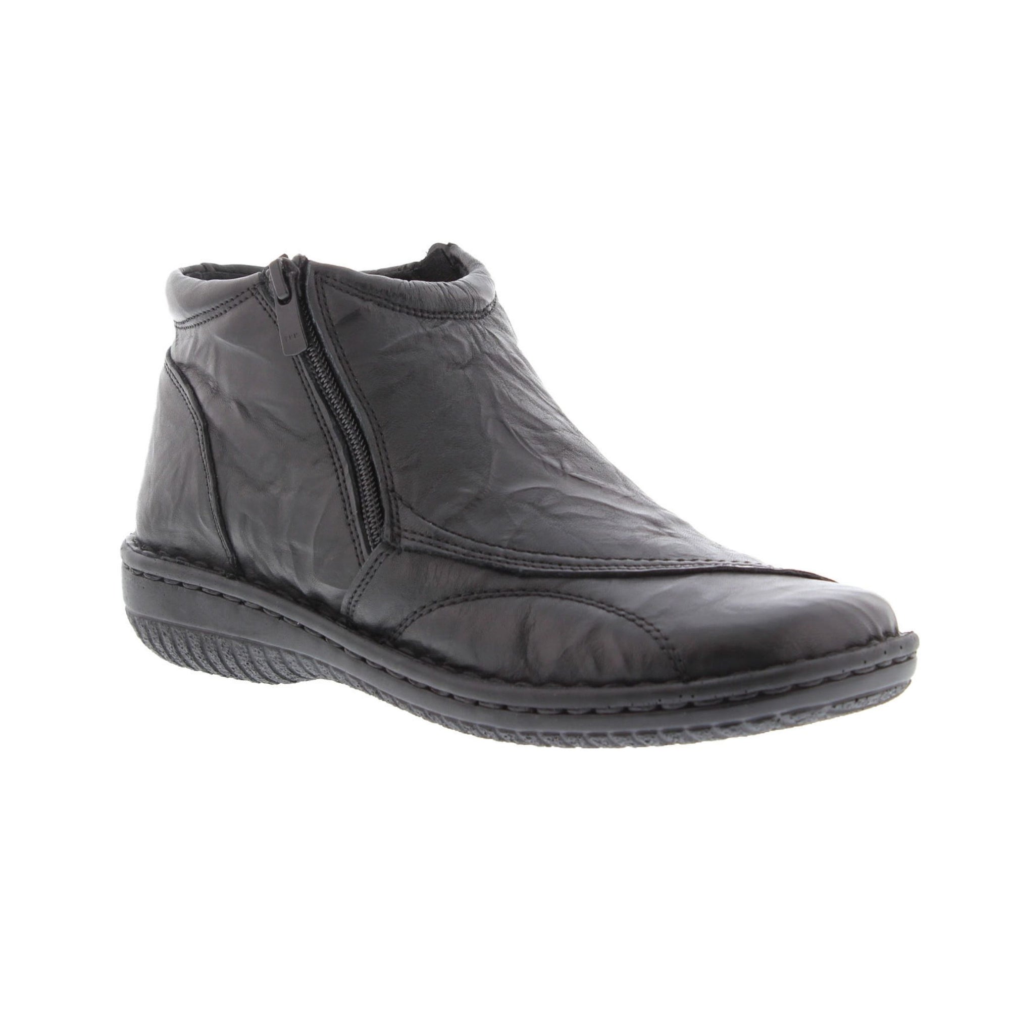 Black ankle boot with soft textured upper and side zipper.